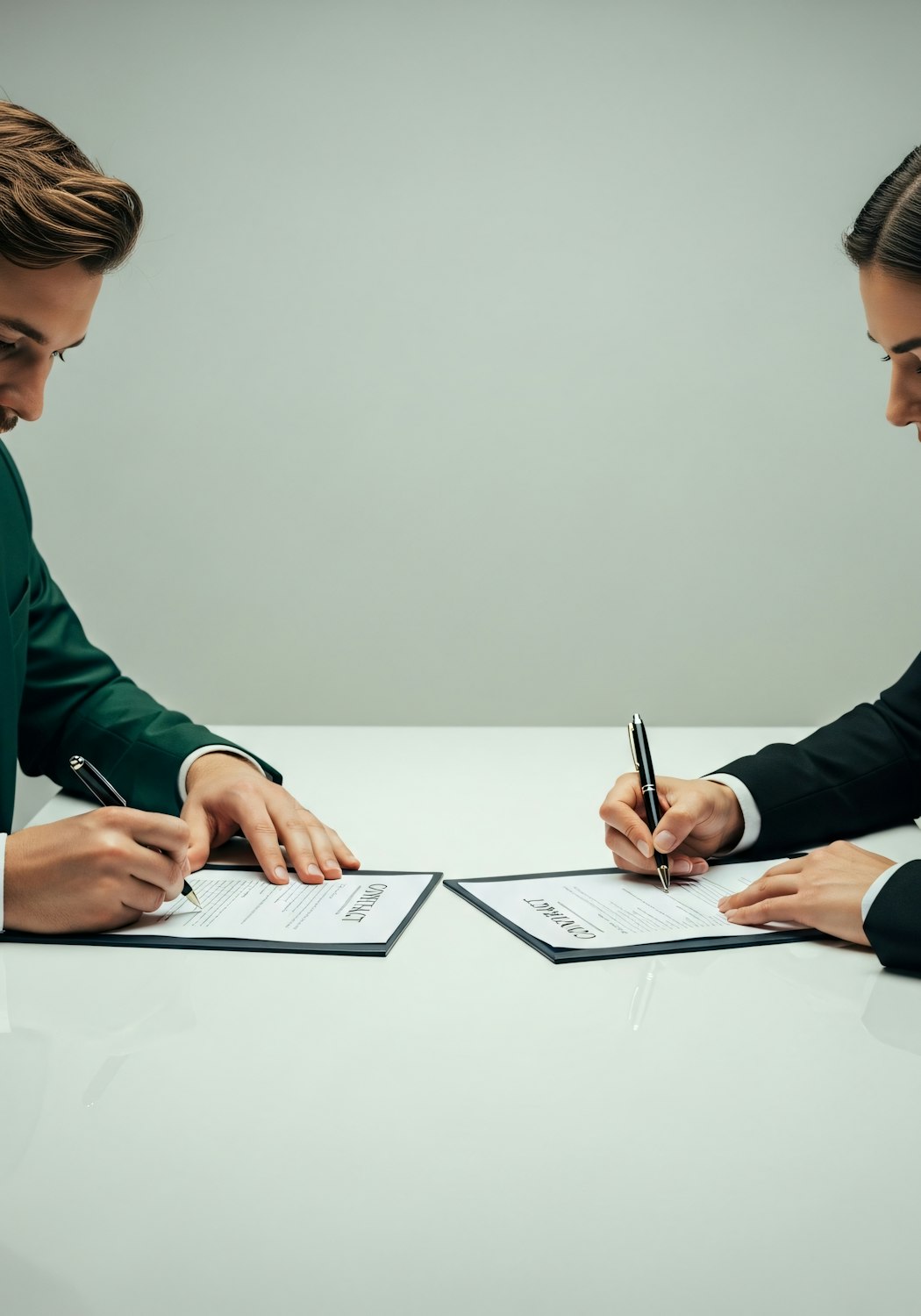 Construction professionals reviewing contract documents at a table