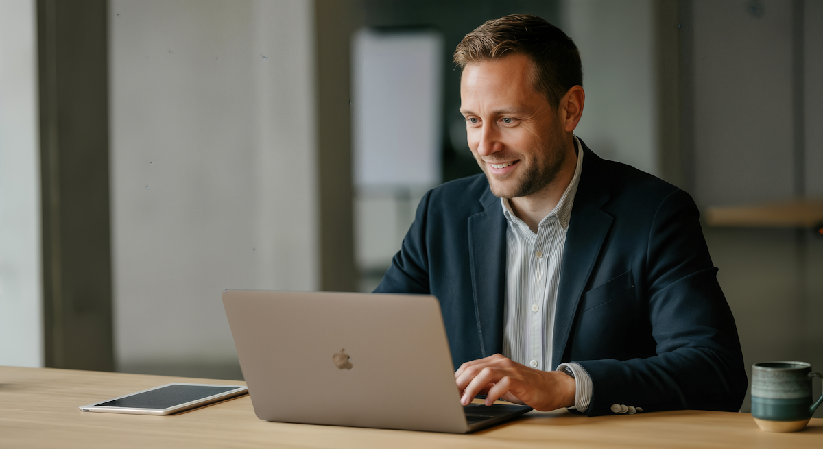 Attorney working on a laptop at a bright office desk